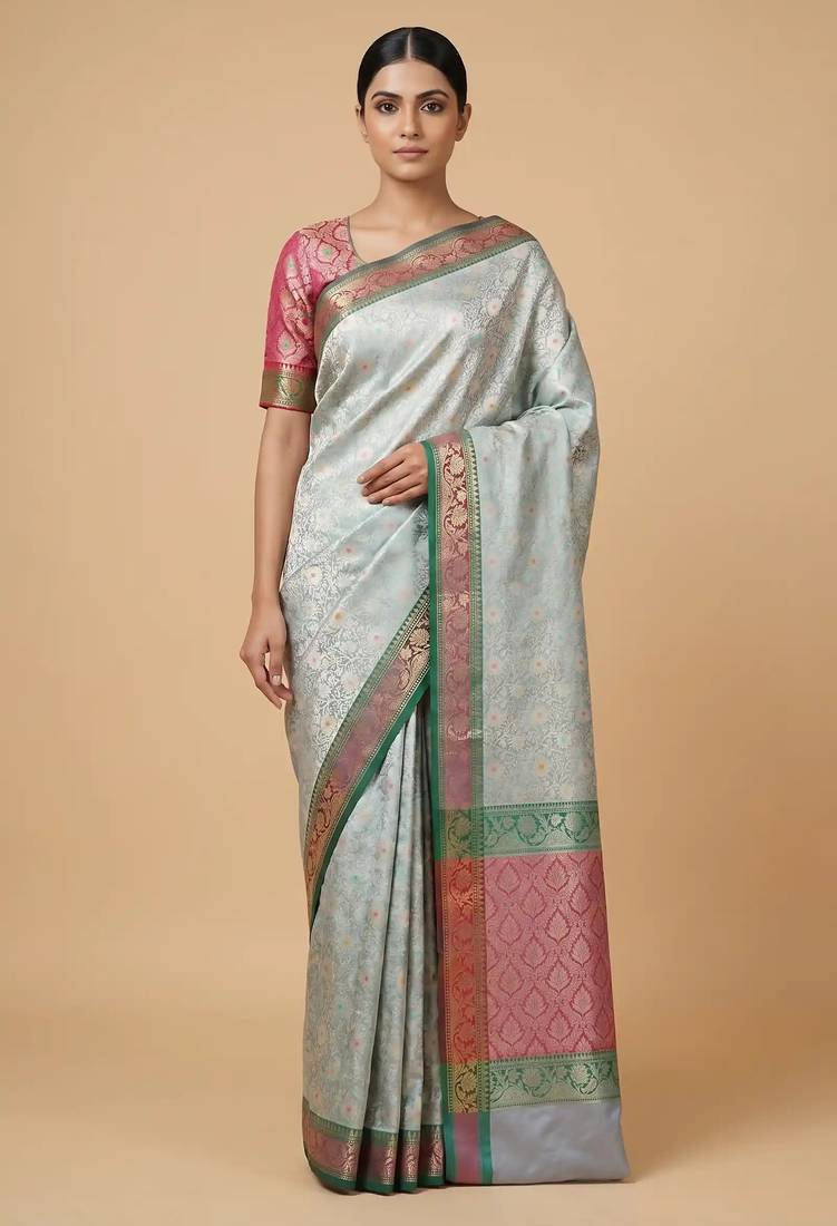 Banarasi semi silk saree in light green colour with  tanchoi meenakari  work