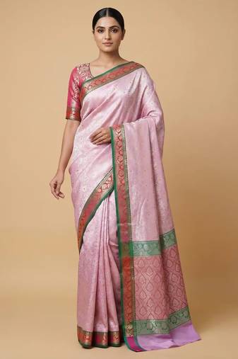 Banarasi semi silk saree in light pink colour with  tanchoi meenakari  work