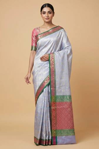 light blue semi silk tanchoi meenakari banarasi saree