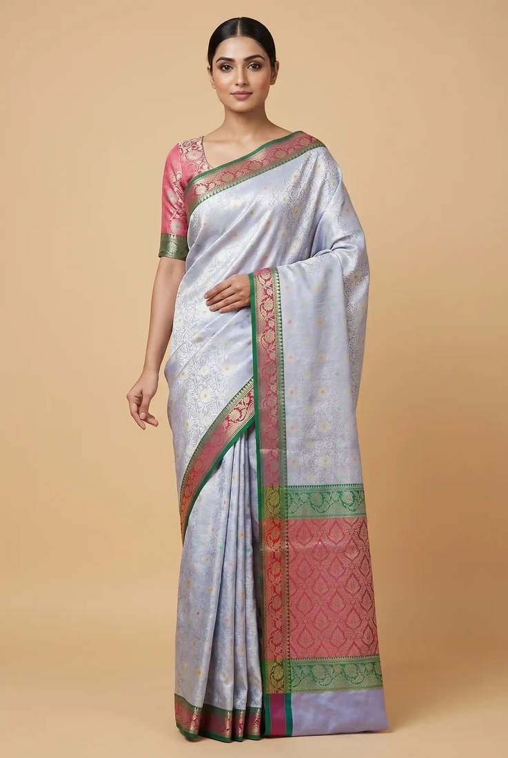 Banarasi semi silk saree in light blue colour with  tanchoi meenakari  work