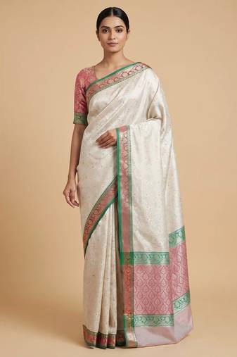 Banarasi semi silk saree in  beige colour with  tanchoi meenakari  work