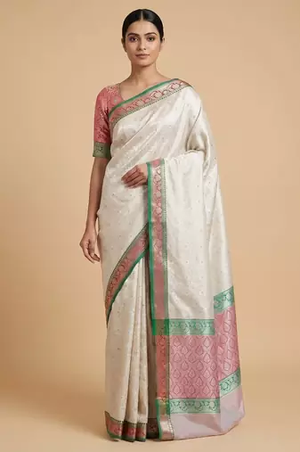 Banarasi semi silk saree in  beige colour with  tanchoi meenakari  work