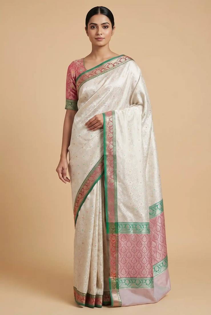 Banarasi semi silk saree in  beige colour with  tanchoi meenakari  work