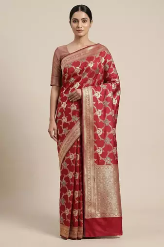 Banarasi semi silk saree in  red colour with  floral zari jaal  work