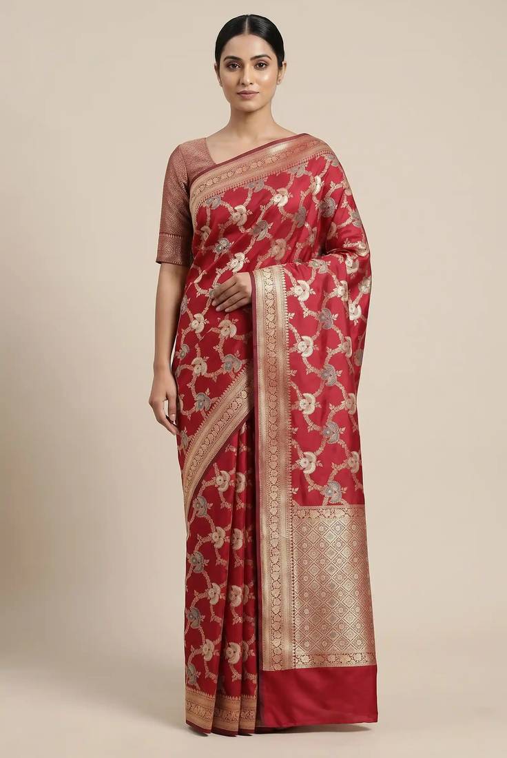 Banarasi semi silk saree in  red colour with  floral zari jaal  work