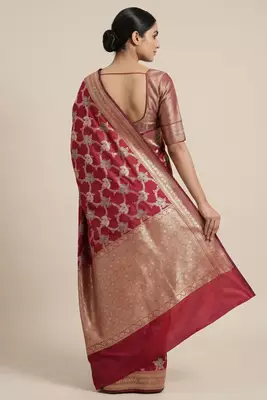 red semi silk floral zari jaal banarasi saree 2