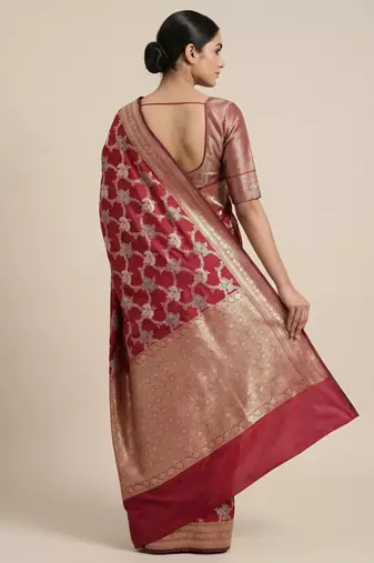red semi silk floral zari jaal banarasi saree