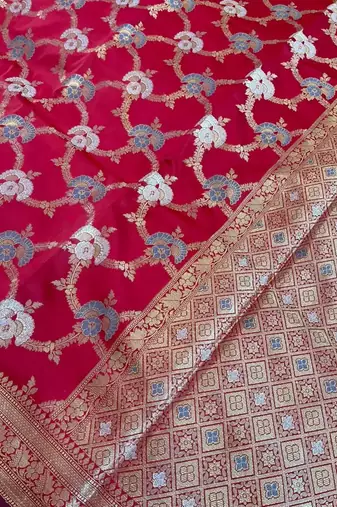red semi silk floral zari jaal banarasi saree