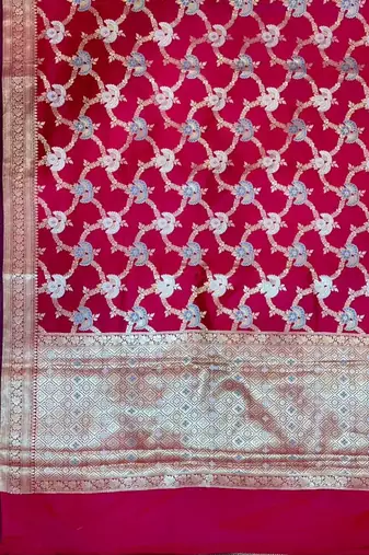 red semi silk floral zari jaal banarasi saree