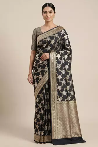 Banarasi semi silk saree in  black colour with  floral zari jaal  work