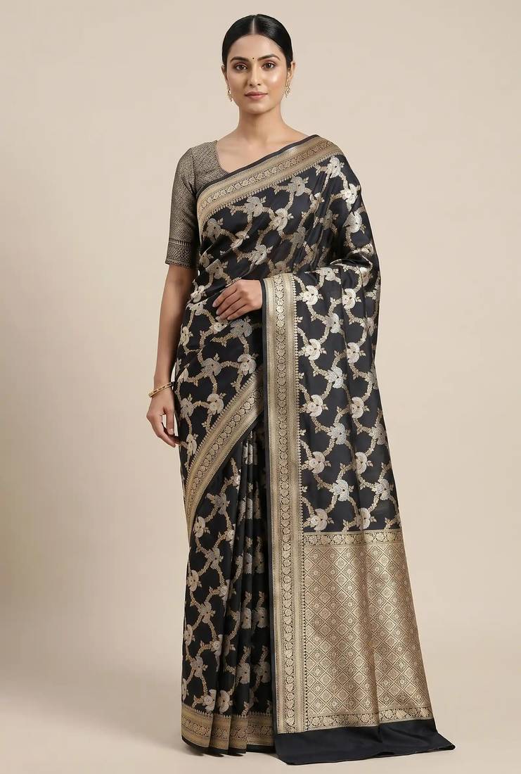 Banarasi semi silk saree in  black colour with  floral zari jaal  work
