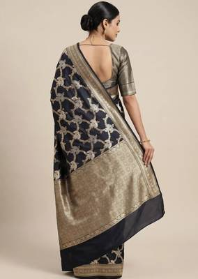 black semi silk floral zari jaal banarasi saree 2
