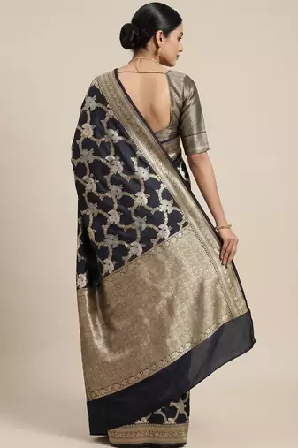 black semi silk floral zari jaal banarasi saree