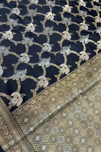 black semi silk floral zari jaal banarasi saree