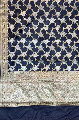 black semi silk floral zari jaal banarasi saree