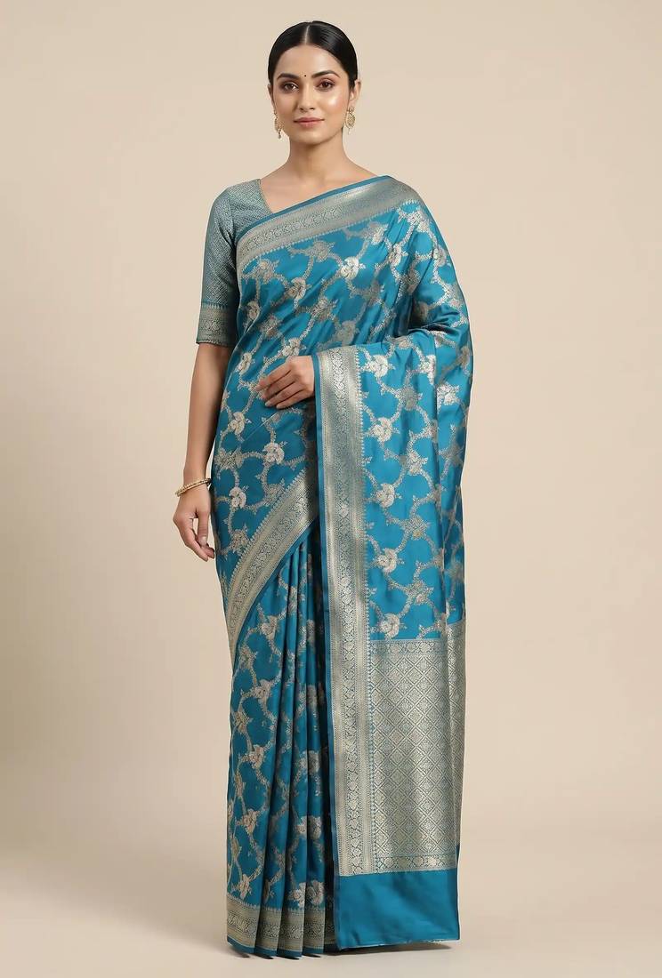 Banarasi semi silk saree in  sky blue colour with  floral zari jaal  work