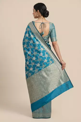 sky blue semi silk floral zari jaal banarasi saree