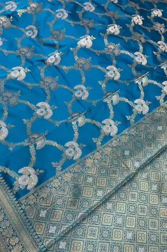 sky blue semi silk floral zari jaal banarasi saree