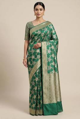 emerald green semi silk floral zari jaal banarasi saree 1
