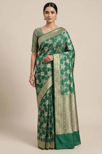 Banarasi semi silk saree in  green colour with  floral zari jaal  work