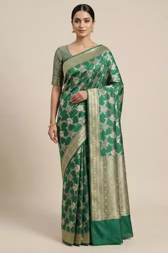Banarasi semi silk saree in  green colour with  floral zari jaal  work