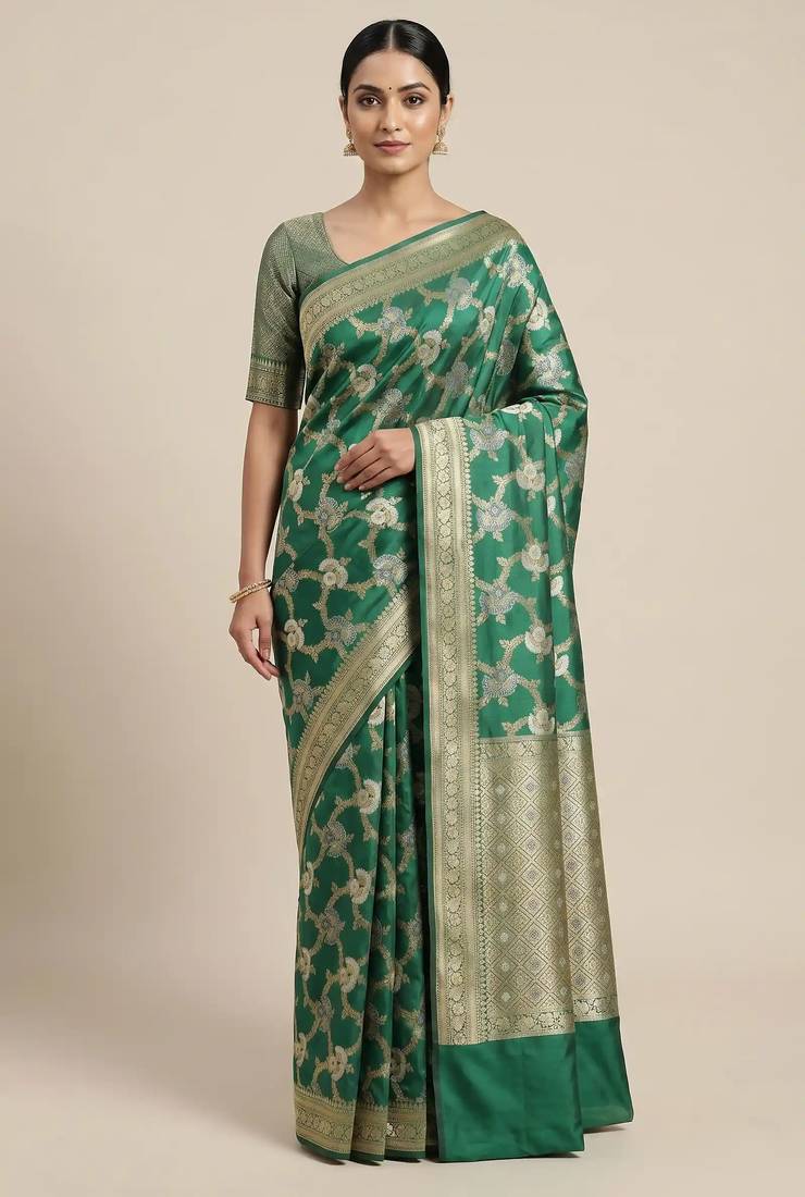 Banarasi semi silk saree in  green colour with  floral zari jaal  work