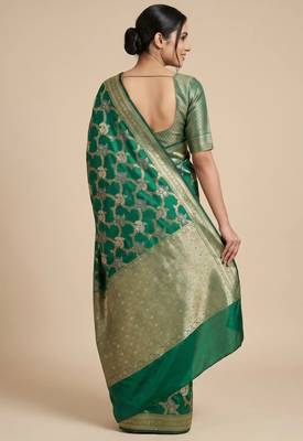 emerald green semi silk floral zari jaal banarasi saree 2