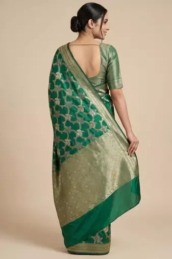 emerald green semi silk floral zari jaal banarasi saree