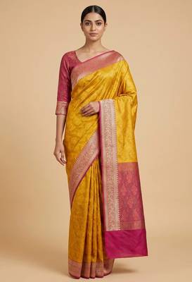 mustard semi silk tanchoi woven banarasi saree with pink border 1