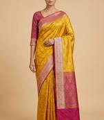 mustard semi silk tanchoi woven banarasi saree with pink border