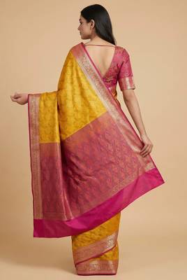 mustard semi silk tanchoi woven banarasi saree with pink border 2