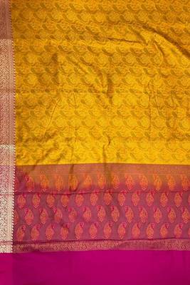 mustard semi silk tanchoi woven banarasi saree with pink border 3
