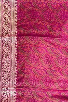 mustard semi silk tanchoi woven banarasi saree with pink border 4