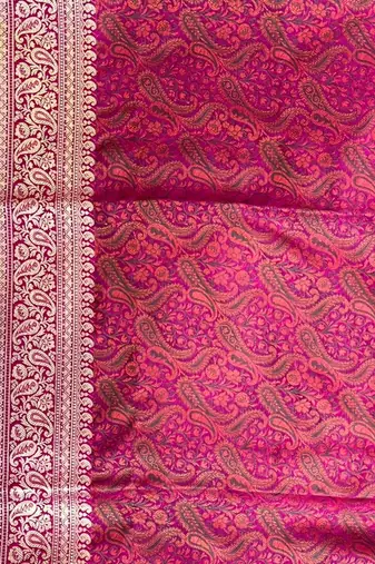 mustard semi silk tanchoi woven banarasi saree with pink border