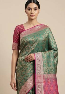 green semi silk tanchoi woven banarasi saree with pink border 1