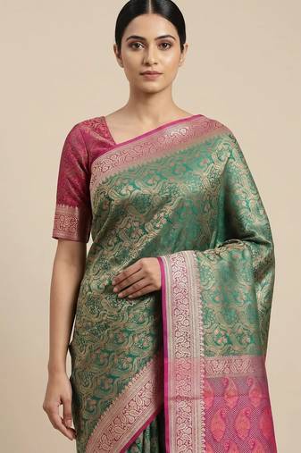 green semi silk tanchoi woven banarasi saree with pink border