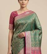 green semi silk tanchoi woven banarasi saree with pink border