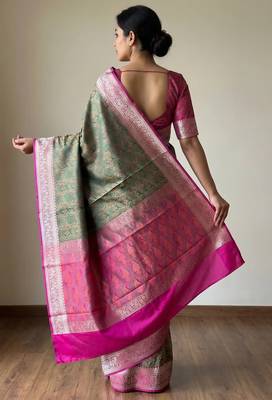 green semi silk tanchoi woven banarasi saree with pink border 2