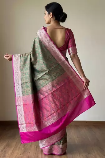 green semi silk tanchoi woven banarasi saree with pink border