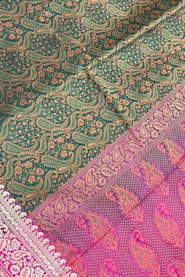 green semi silk tanchoi woven banarasi saree with pink border 3