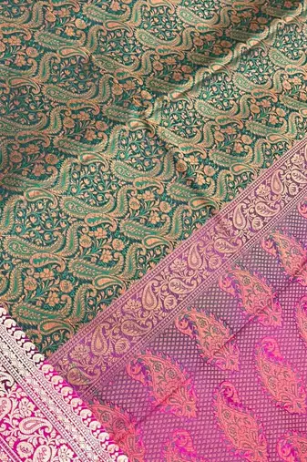 green semi silk tanchoi woven banarasi saree with pink border