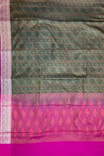 green semi silk tanchoi woven banarasi saree with pink border