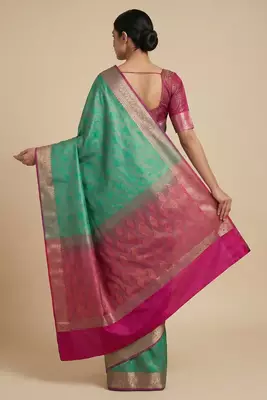 green semi silk tanchoi banarasi saree with pink border 2