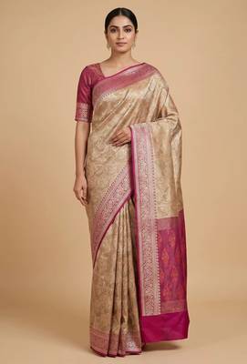 beige semi silk tanchoi banarasi saree with pink border 1