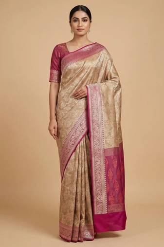 beige semi silk tanchoi banarasi saree with pink border