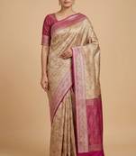 beige semi silk tanchoi banarasi saree with pink border