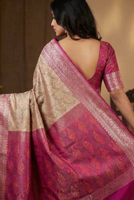 beige semi silk tanchoi banarasi saree with pink border 2