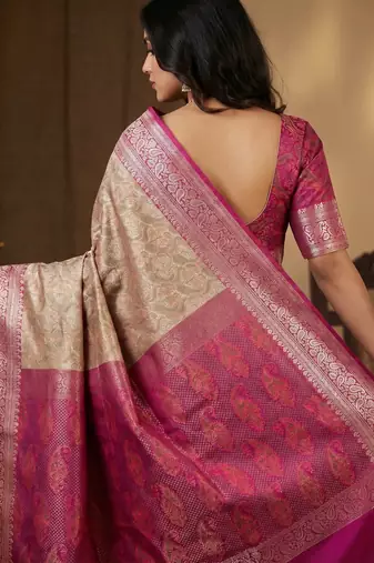beige semi silk tanchoi banarasi saree with pink border