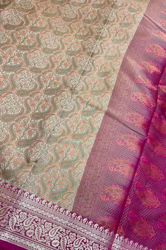 beige semi silk tanchoi banarasi saree with pink border