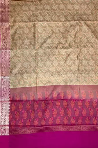 beige semi silk tanchoi banarasi saree with pink border